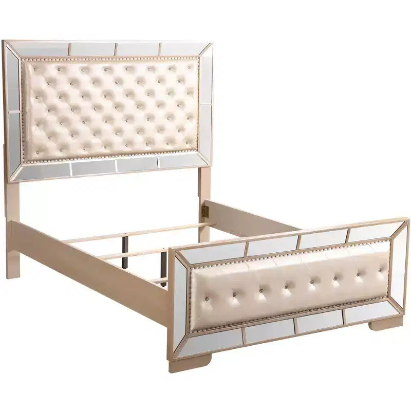 Lit à panneaux Queen Hollywood Hills - Capitonnage diamant, accents miroirs