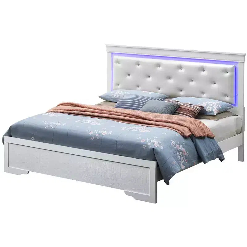 Lit Queen Lorana avec éclairage d'appoint DEL et tête de lit capitonnée