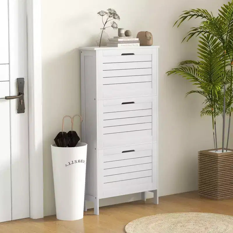 Meuble à chaussures étroit avec 3 tiroirs basculants et portes persiennes - Blanc