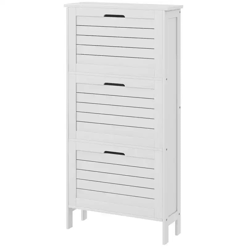 Meuble à chaussures étroit avec 3 tiroirs basculants et portes persiennes - Blanc