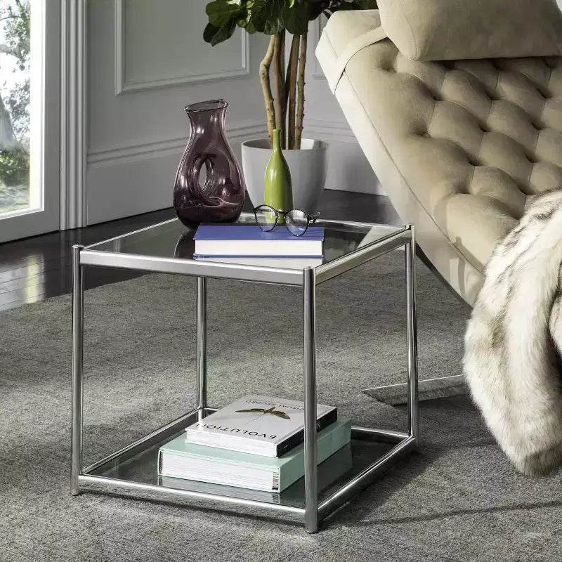Table d'appoint Lilias chromée et verre avec étagère ouverte