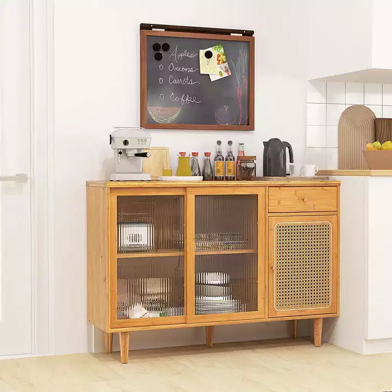 Bahut Buffet en Bambou Rotin avec Portes Coulissantes