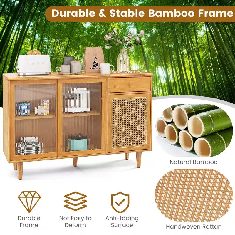 Bahut Buffet en Bambou Rotin avec Portes Coulissantes