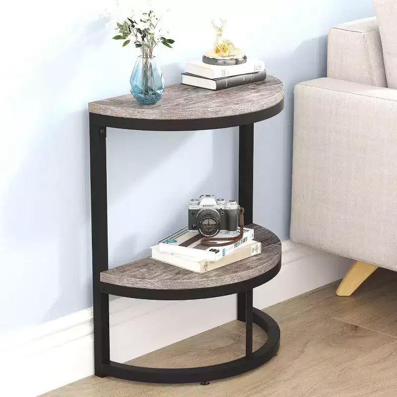 Table d'appoint demi-cercle à 2 niveaux - Cadre en métal